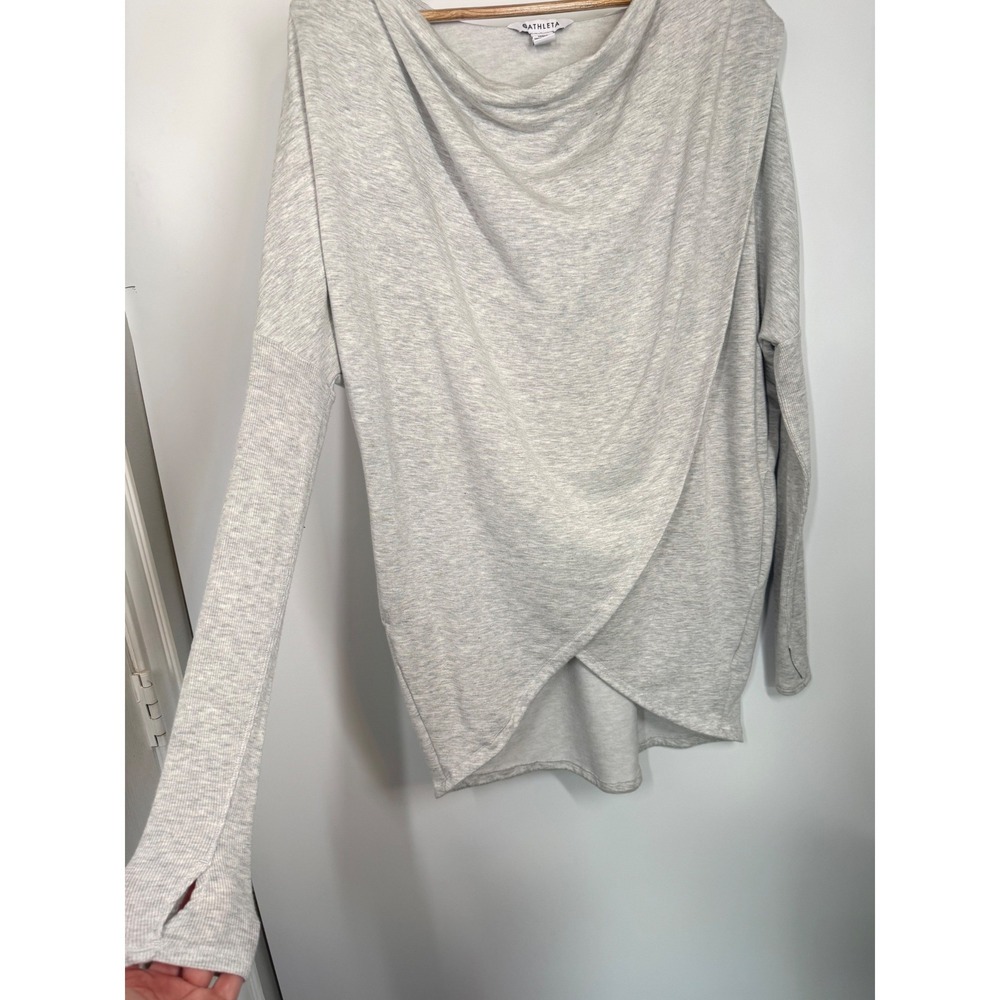 Athleta Purana Wrap Sweatshirt Heather Gray Hooded Thumbhole Pullover Sz M Tunic - Picture 4 of 12